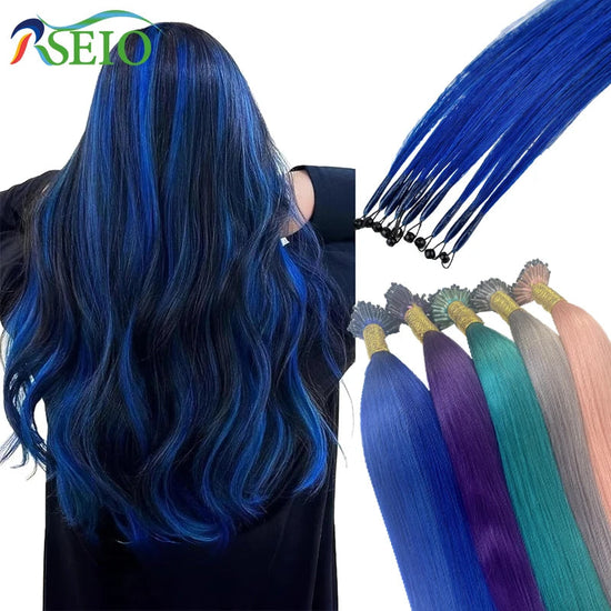RESIO Color  8D Tip Hair Extensions 100% Real Human Hair Microbeads Extensions Color Purple Blue Pink Gray 18-20inch 0.5g/Strand Khamik Shop Online