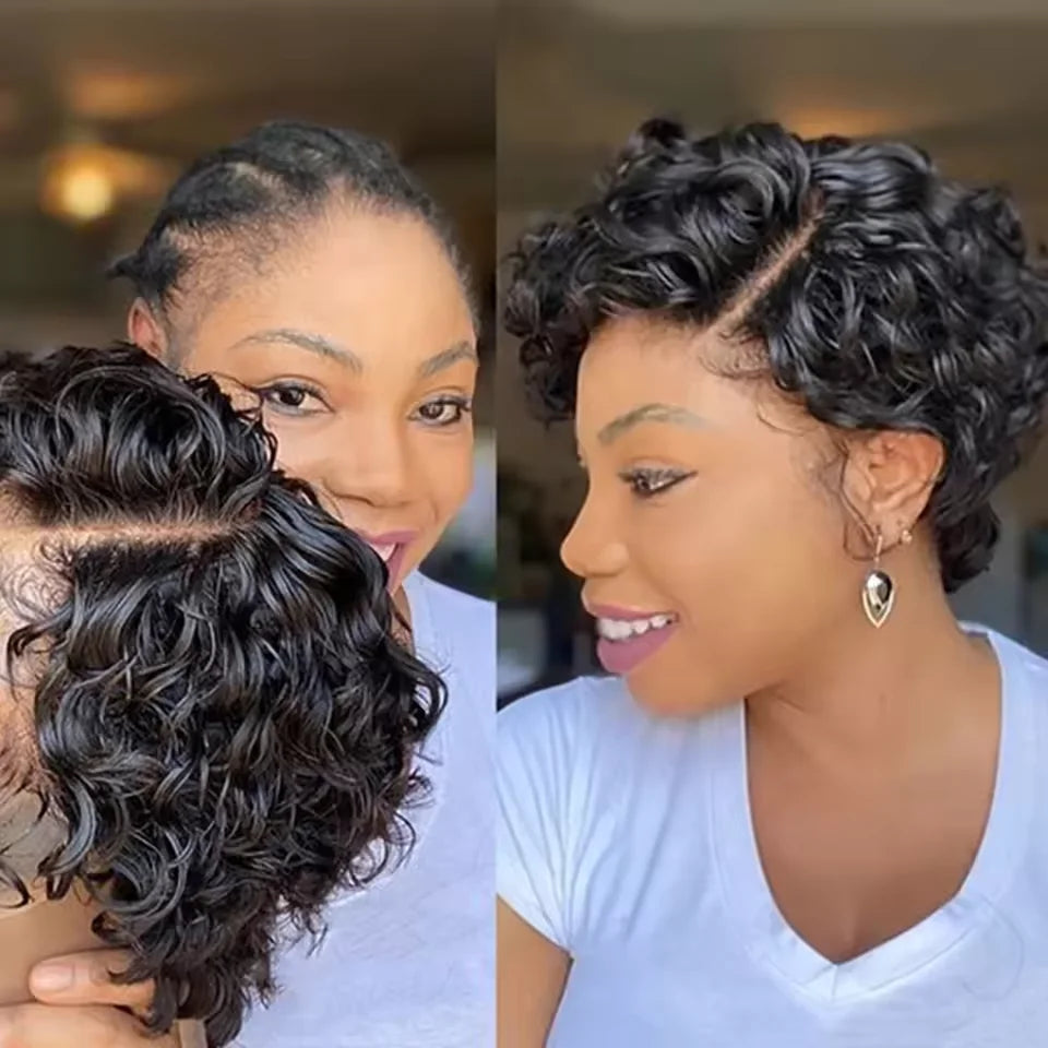 13x4 Lace Wig Side Part Pixie Cut Wigs 100% Virgin Hair Side Part Brazilian Water Wave bob Wig Transparent Lace For Black Women Khamik Shop Online