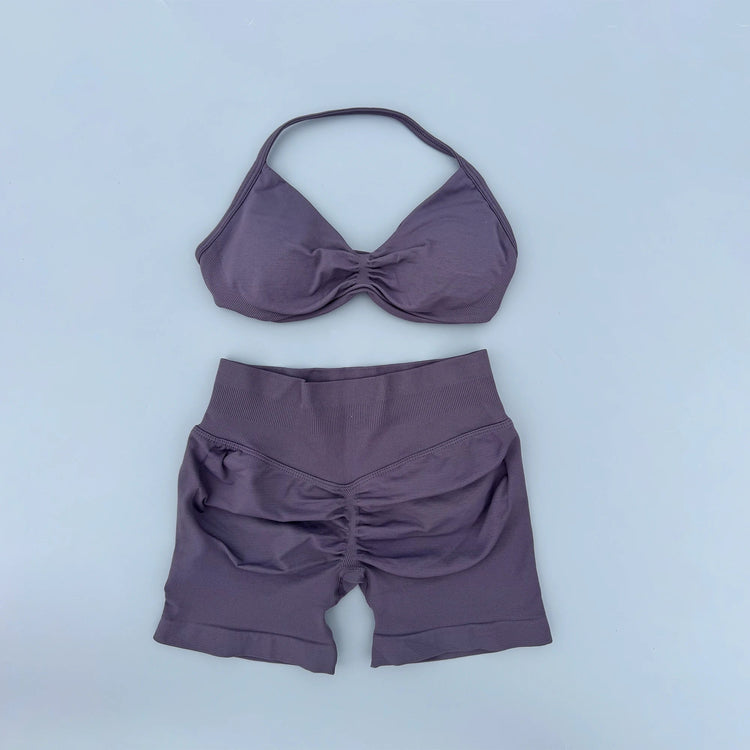 AURA SHARK Strappy Bra Gym Set Women High Support Thin Strap Seamless Halter Sports Scrunch Workout Yoga Set 2 Piece Khamik Shop Online