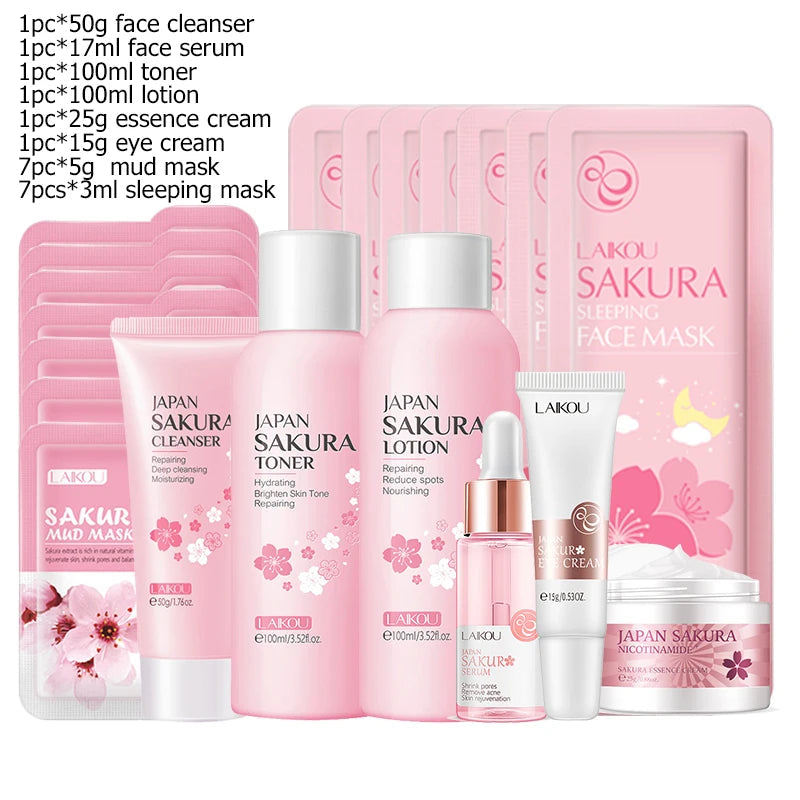 Japan Sakura Facial Cleaner Korean Face Serum Exfoliating Peeling Gel Moisturize Toner Eye Cream Sunscreen Cosmetic SkinCare Set Khamik Shop Online