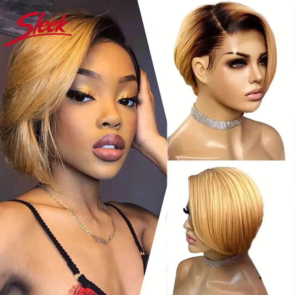 Blond 27 Pixie Cut Bob Wigs Lace Front T Part Human Hair Wigs For Nature Black Dark Brazilian 613 Straight Remy Human Hair Wigs Khamik Shop Online
