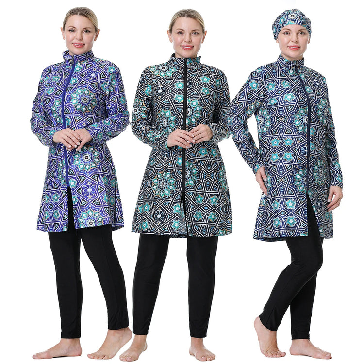 H1024 Muslim Women Fullcoverage  Long Sleeves Cover Up Burkinis Three Pieces Plus Size Printing  Swimwear Suits Khamik Shop Online