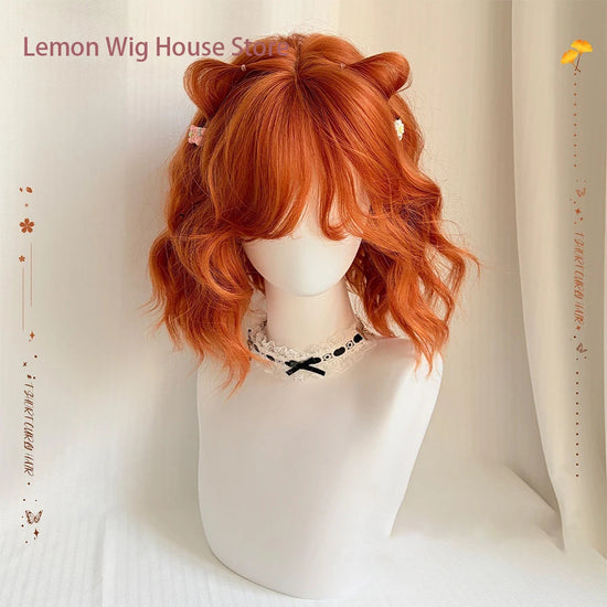Short Wavy Orange Wig with Bangs 12inch Curly Hair Lolita High Quality Synthetic Wigs for Women Daily Cosplay Wig Heat Resistant Khamik Shop Online
