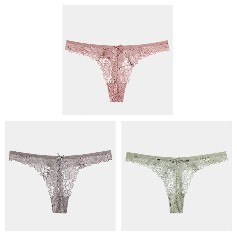 3Pcs/Lot Sexy Lace Thong Low Waist Lace Transparent Panties Women Hollow Out Breathable G String Briefs Bow Underwear Lingerie