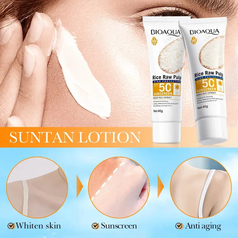 BIOAQUA Rice Raw Pulp Spf 50+ Sunscreen for Face Body Neck Back Protector Solar Blocker Brightening Facial Sun Cream Body Care