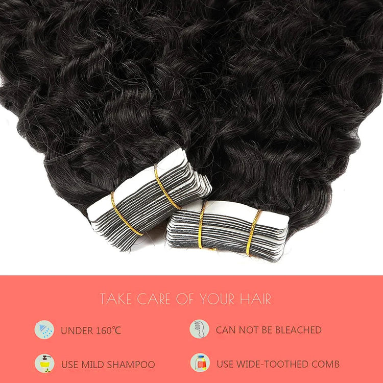 Water Wave Tape in Human Hair Extension Brazilian Hair Skin Weft Tape in Curly Human Hair 20 Pcs/Set Black Brown Blonde Color Khamik Shop Online