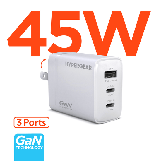 HyperGear SpeedBoost 45W USB-C PD Tri-Port GaN Fast Wall Charger with