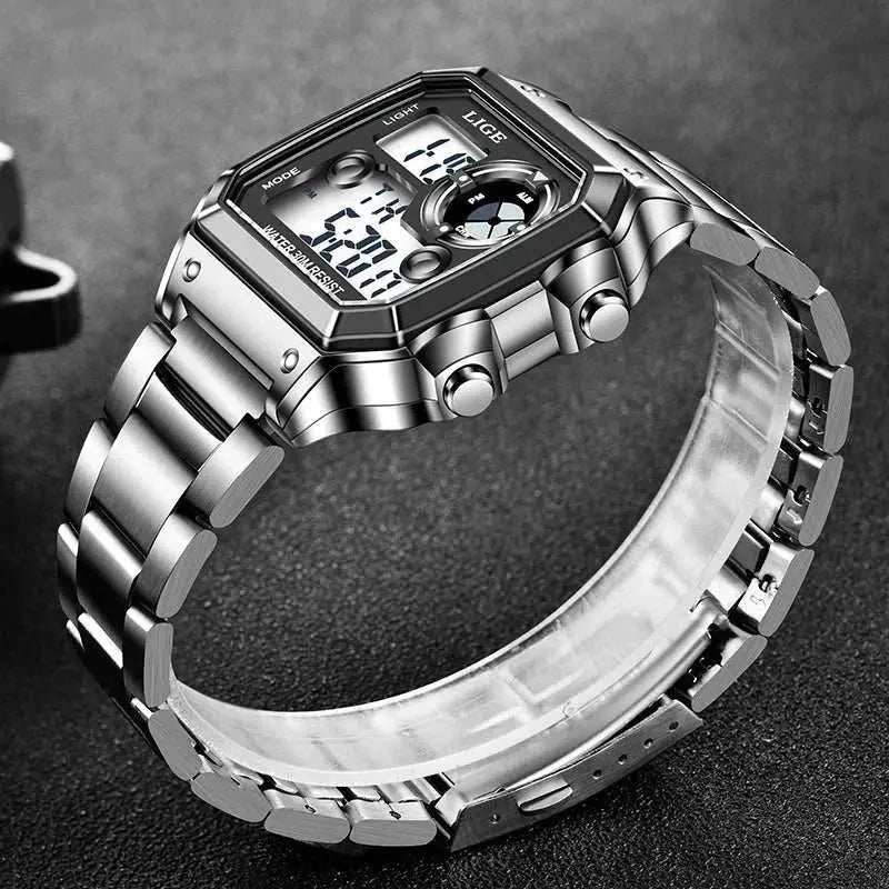 LIGE Fashion Casual Electronic Man Watch Sports Waterproof Luminous Alarm Stainless Steel Band Digital Men&