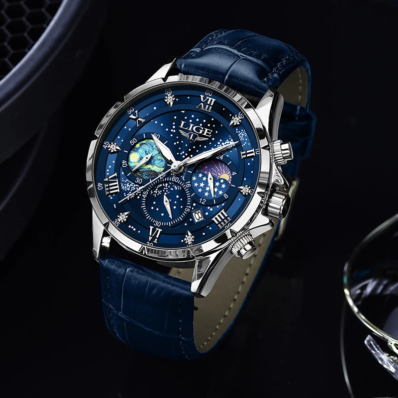 2024  Men'S Watch Luxury Waterproof Male Clock Moon Phase Date Casual Blue Leather Quartz Chronograph Men'S Wristwatch Reloj