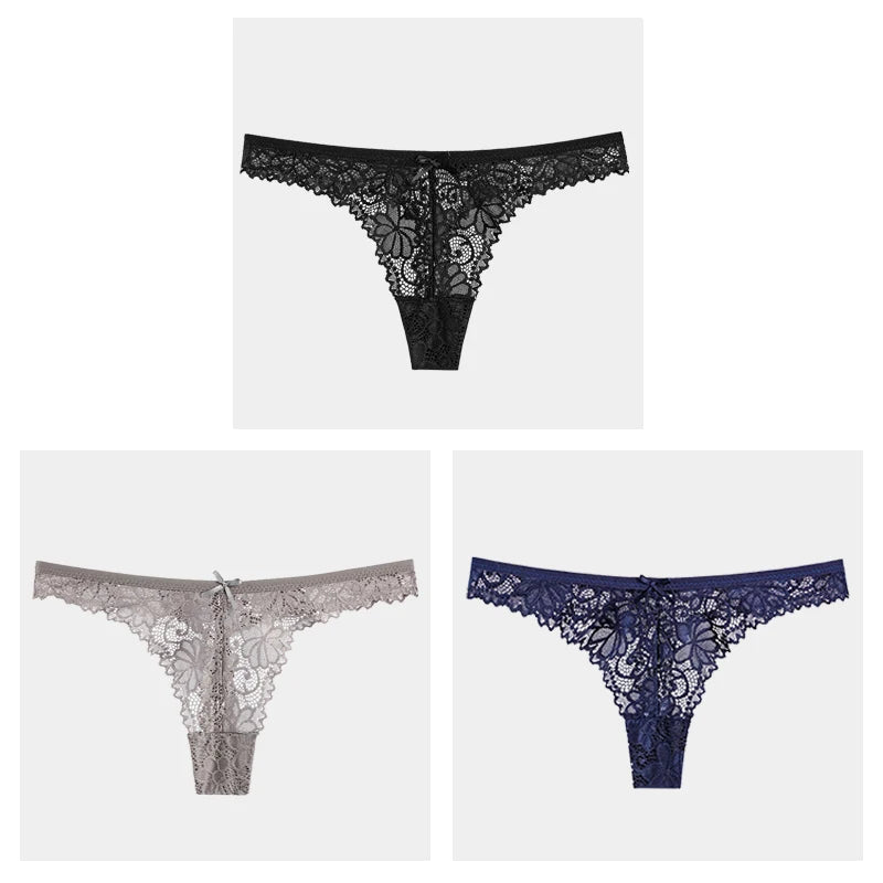 3Pcs/Lot Sexy Lace Thong Low Waist Lace Transparent Panties Women Hollow Out Breathable G String Briefs Bow Underwear Lingerie