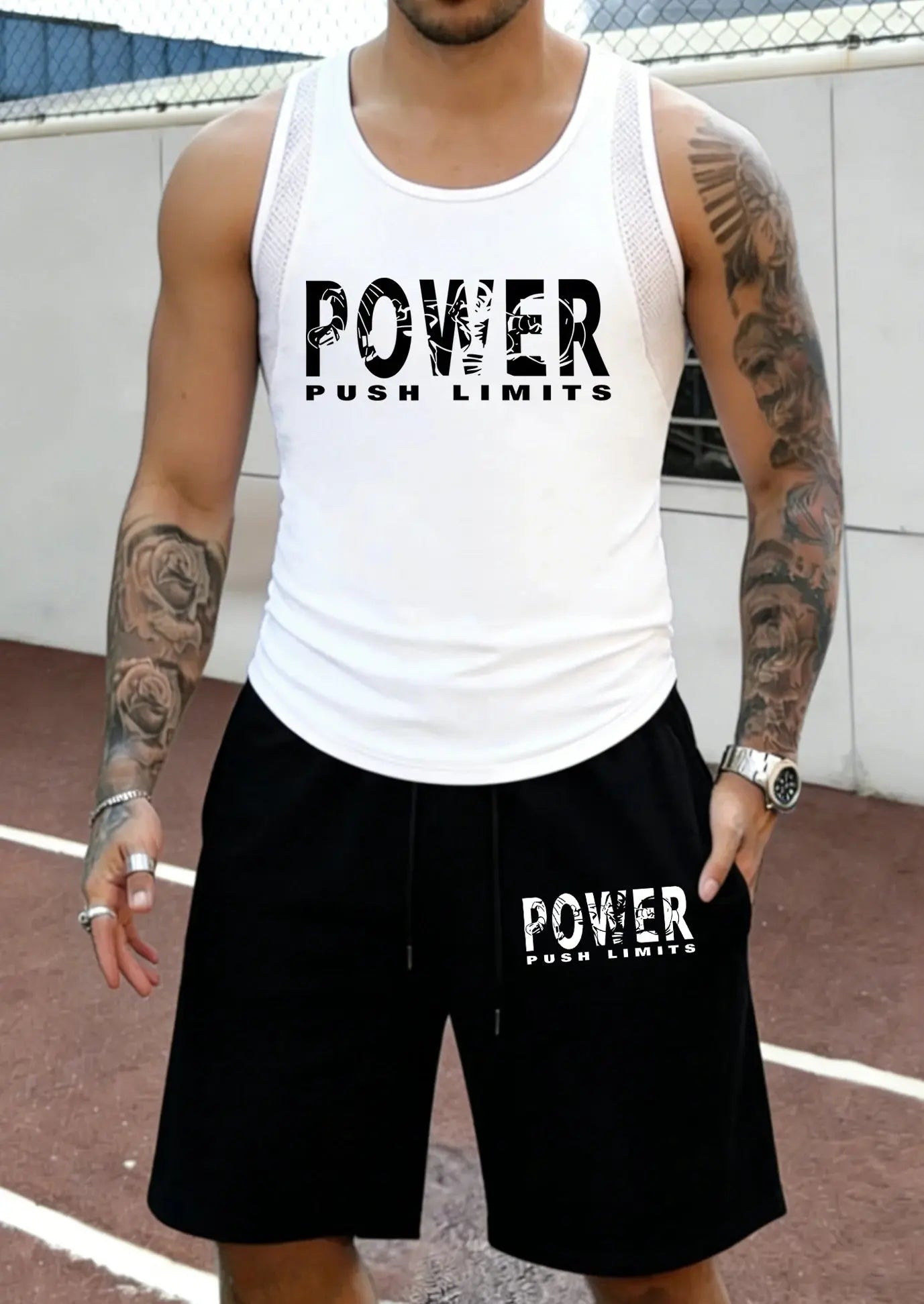 Power Push Limits Pattern Summer Fitness Mesh Vest Set Man Classic Pocket Shorts Quick Dry Running Sportswear Sport Short Pants Khamik Shop Online