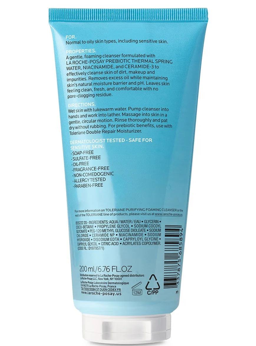 Toleriane Purifying Foaming Face Wash for Oily and Normal Skin, Oil-Free Facial Cleanser, 6.76 Fl Oz
