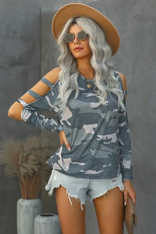 Camouflage Shoulder To Hollow Out Long Sleeve Top Jade