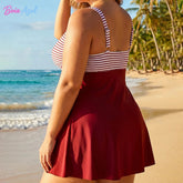 Big size color-blocked striped skirt-style swimsuit cross V-neck swimsuit with belly coverage for ladies sexy backless swimsuit Khamik Shop Online