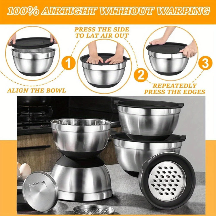17pcs, Stainless Steel Mixing Bowl Set Mixing Bowls With Lids Grater Attachment, Non-Slip Kitchen Gadget Set, Mixing And Serving Khamik Shop Online