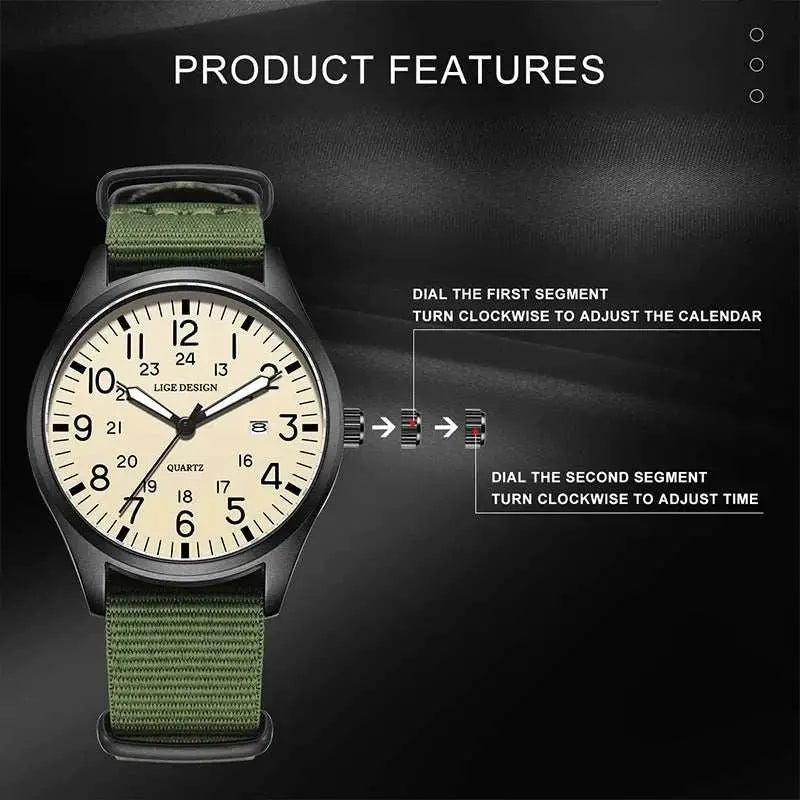 LIGE 2025 TOP NEW quartz wristwatch Arabic Watch for Men Luminous Green Nylon Luxury Leather Wrist Men Watch Montre Homme+BOX Khamik Shop Online