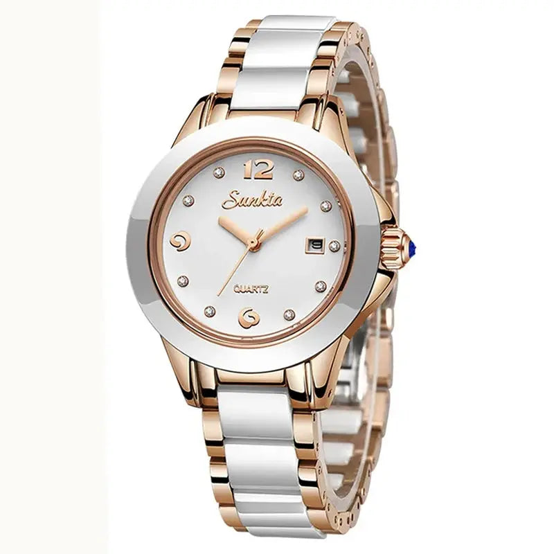 Sunkta Fashion Casual Quartz Woman Watch Elegant Luxury Ceramics Diamond Calendar Waterproof Ladies Women&