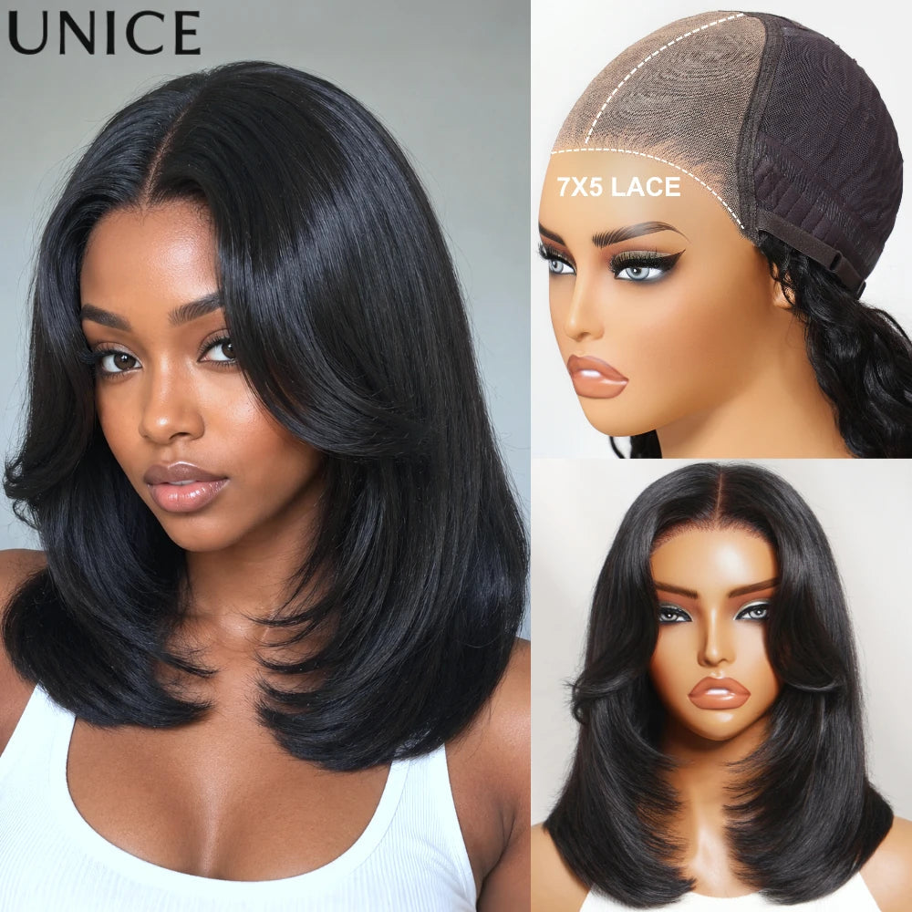 UNice Layered Cut Straight Bob Wig With Curtain Bang No-Slip 7x5 Lace Pre Cut Pre Bleached Glueless Wig Human Hair Ready To Wear Khamik Shop Online