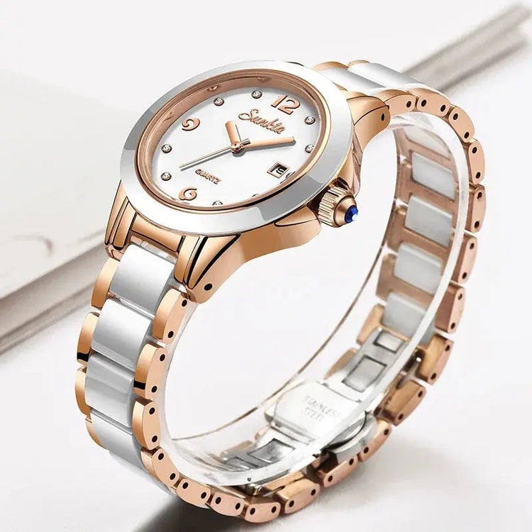 Sunkta Fashion Casual Quartz Woman Watch Elegant Luxury Ceramics Diamond Calendar Waterproof Ladies Women&