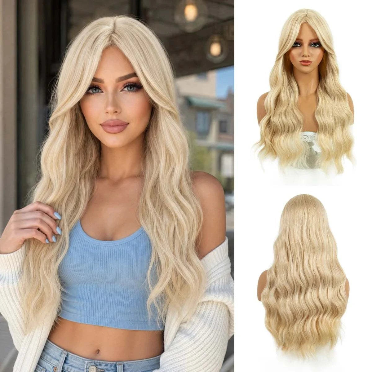REEWES Ombre Blonde Long Black Wavy Synthetic Wig With Bang Daily Wear Anime Cosplay Khamik Shop Online
