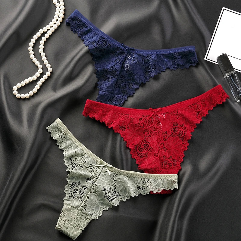 3Pcs/Lot Sexy Lace Thong Low Waist Lace Transparent Panties Women Hollow Out Breathable G String Briefs Bow Underwear Lingerie