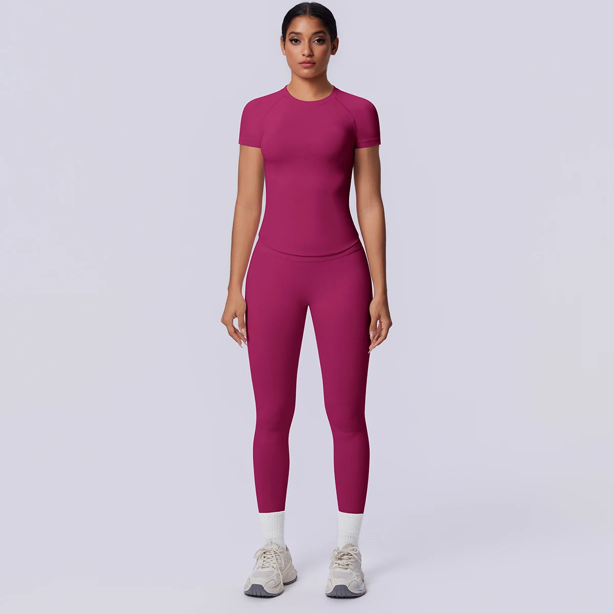 Rooftrellen New 2PCS/set Yoga Set Summer Quick Drying Fitness Sports Workout Top T-Shirt High Stretch Seamless Yoga Leggings Set Khamik Shop Online