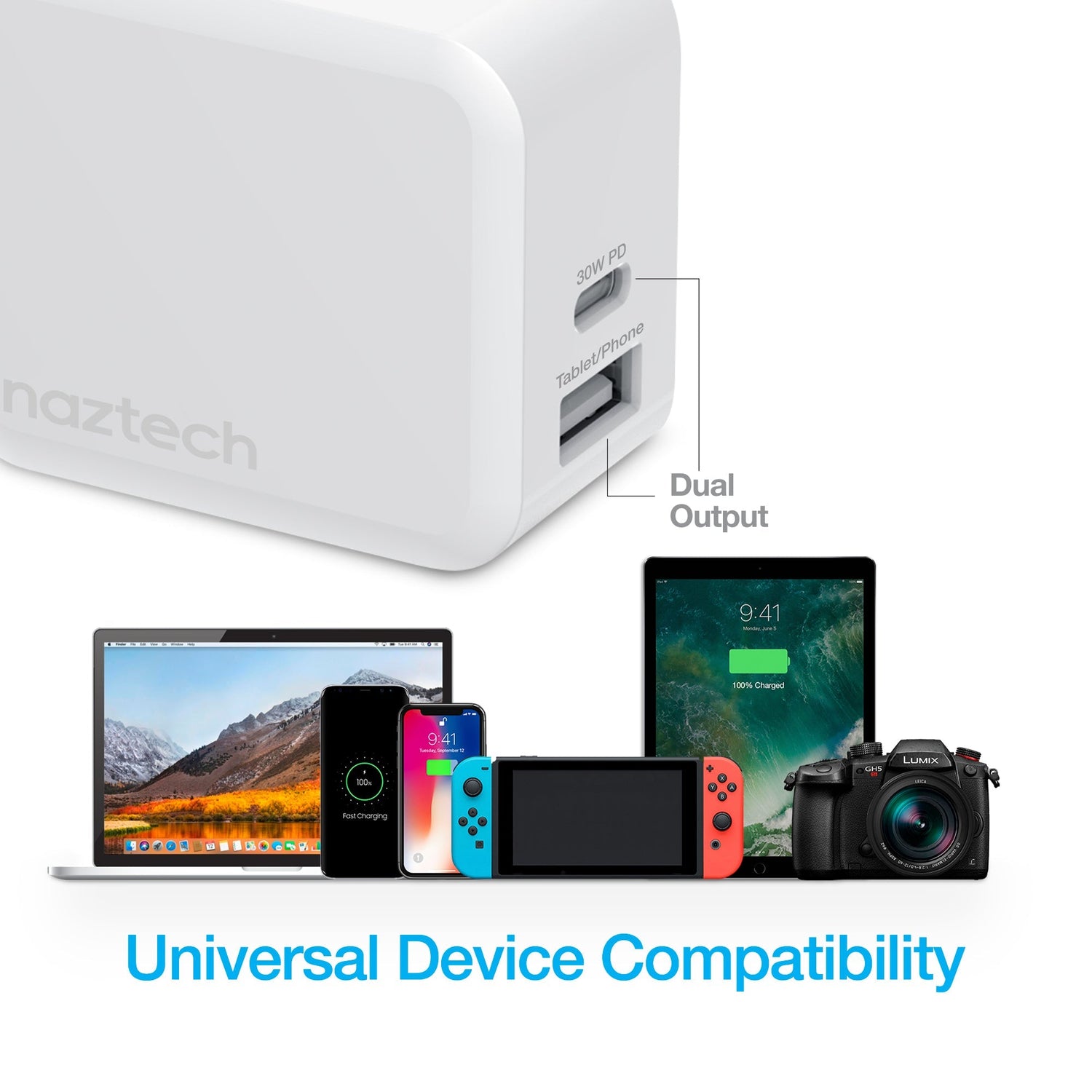 Naztech 30W USB-C PD Dual Output Fast Wall Charger Sky Iapetus