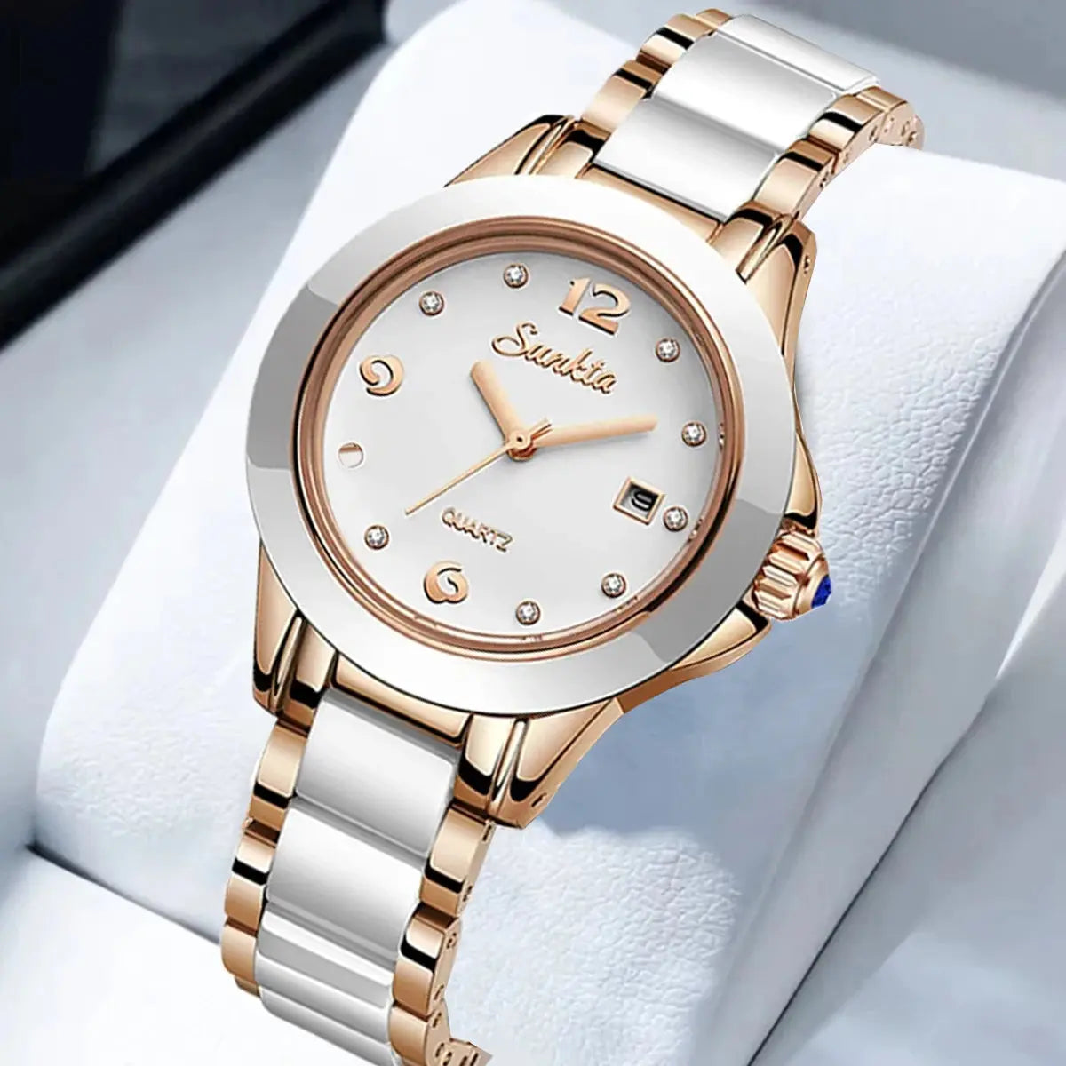 Sunkta Fashion Casual Quartz Woman Watch Elegant Luxury Ceramics Diamond Calendar Waterproof Ladies Women&