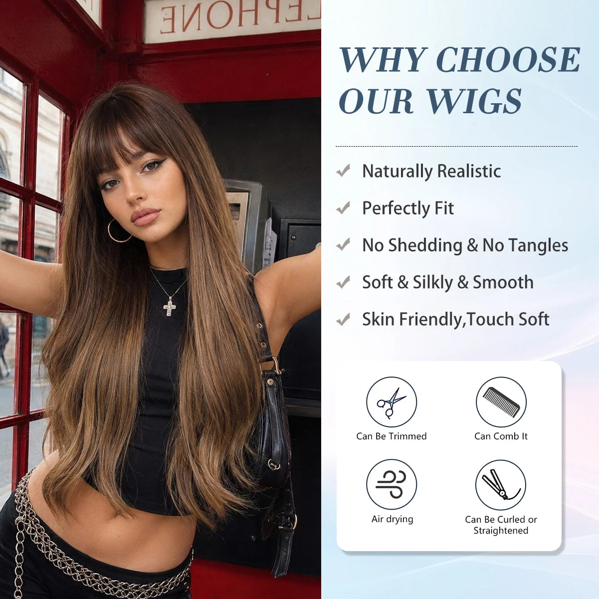 LOUIS FERRE Long Wavy Ombre Brown Wig with Bangs Synthetic Hair Wig Heat Resistant Daily Wear Office Party Cosplay Halloween Khamik Shop Online