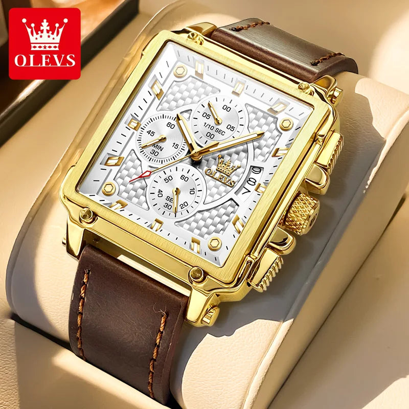 OLEVS brand mens watches waterproof Leather strap chronograph quartz watch for man date gold square dial genuine male wristwatch Khamik Shop Online