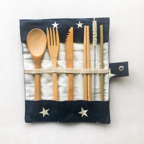 Bamboo Cutlery Set | Zero Waste Reusable | Washable Organic Cotton Ruby Caeneus