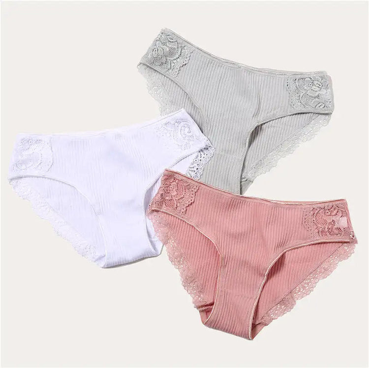 3PCS/Set 6 Color Women Panties Cotton Lace Briefs Solid Color for Female Striped Sexy Cotton Underwear Lingerie Low Waist Flower Khamik Shop Online