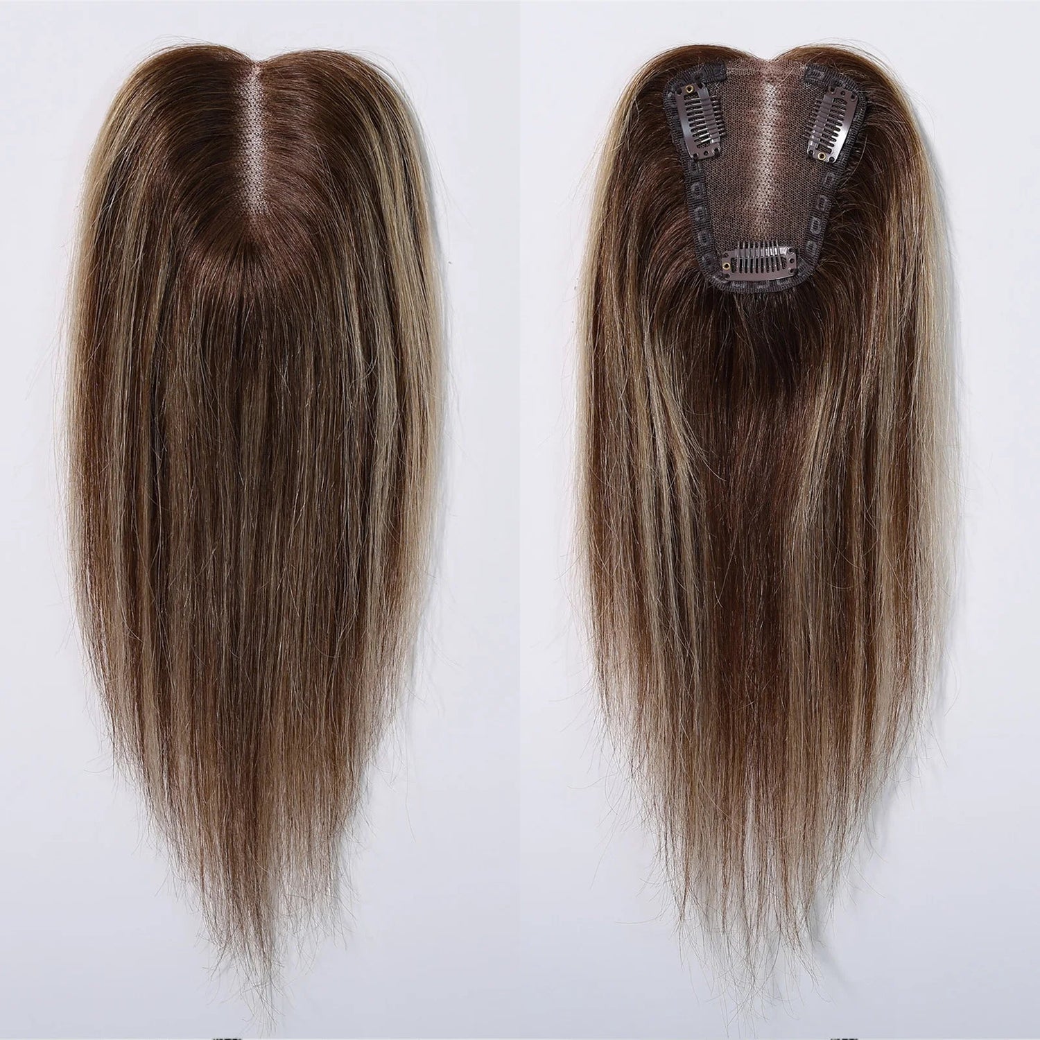 Brown Mixed Blonde Human Hair Toppers Middle Part 100% Remy Human Hair Straight Lace Base Clip in Hairpieces for Women Loss Hair Khamik Shop Online