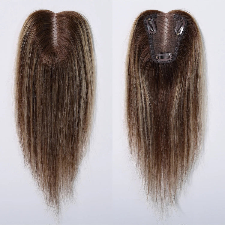 Brown Mixed Blonde Human Hair Toppers Middle Part 100% Remy Human Hair Straight Lace Base Clip in Hairpieces for Women Loss Hair Khamik Shop Online