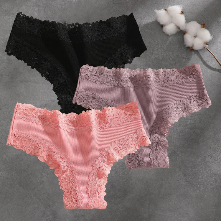 3Pcs Cotton Lace Patchwork Bikini Panties Women Seamless Floral Print Brazilian Pants Low Waist Breathable Female Sexy Lingerie Khamik Shop Online