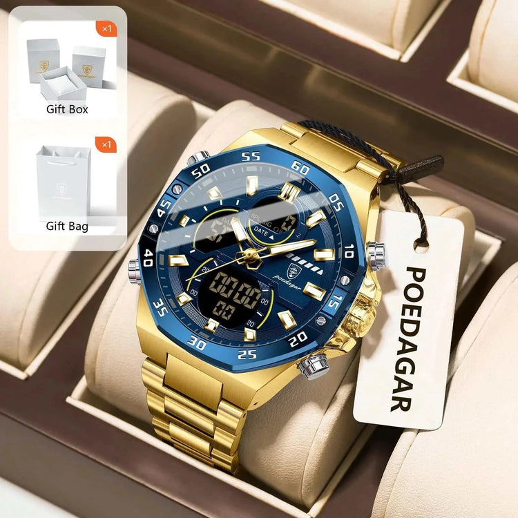 POEDAGAR Sport Men Watch LED Waterproof Week Date Digital Wristwatch Stainless Steel Quartz Military Men&