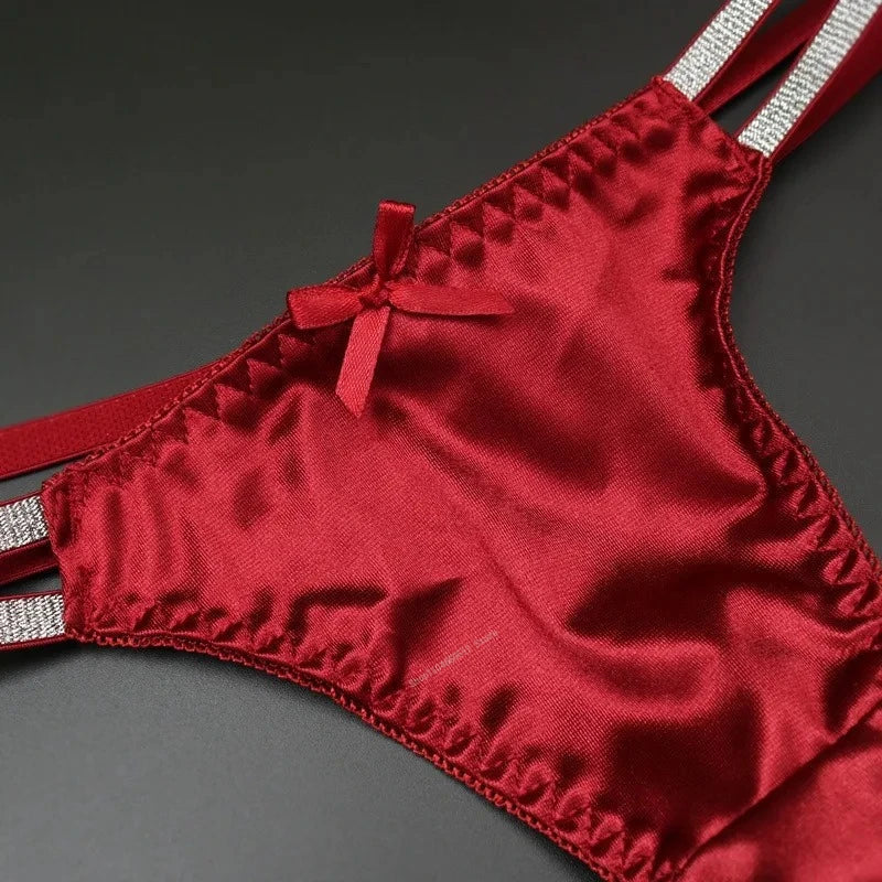 Sexy Silk Satin Thongs Hollow Out Fashion Solid Color Panties Cotton Crotch Low Waist Breathable Pure Color Women&