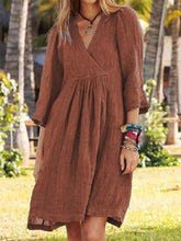 Cotton And Linen Dress For Women 2024 Autumn 3/4 Sleeve Casual Loose Solid Color V-neck Midi Dresses Elegant Women&