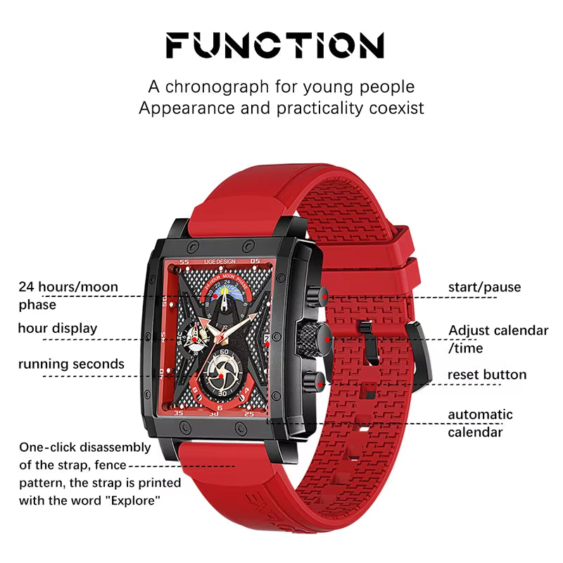 Big  Men'S Sports Chronograph Wrist Watch for Men Army Silicone Strap Square Quartz Stop Watch Clock Man Relogios Masculino