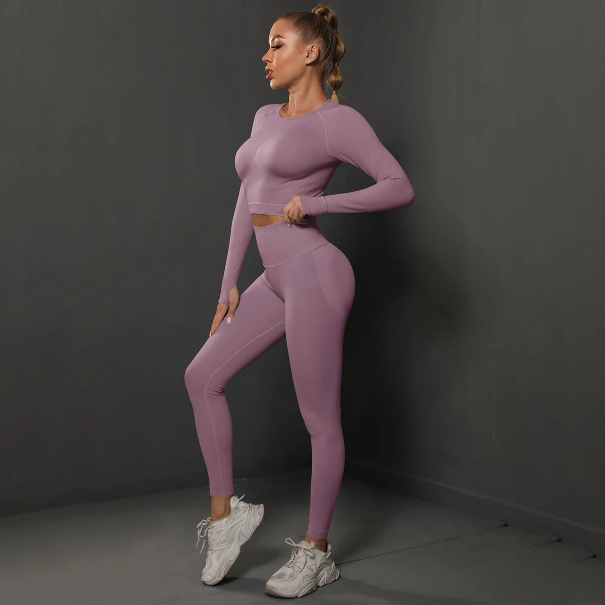 2Pcs Women Sets Energy Seamless Gym Suits Bubble Butt Sports Pants+Long Sleeve Shirts Push Up Running Sets Tracksuits Tights Set Khamik Shop Online