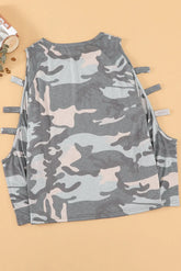 Camouflage Shoulder To Hollow Out Long Sleeve Top Jade