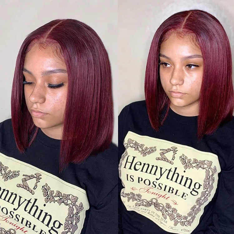 13x4 HD Lace Front Wigs 200 Density Preplucked Prebleached 99J Burgundy Colored 8-14 InchStraight Short Bob Human Hair Wigs Khamik Shop Online