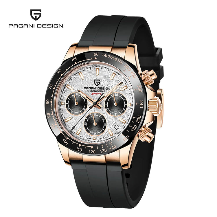 PAGANI DESIGN Men Quartz Chronograph Watch RoseGold Case Black Ceramic Bezel Brown Dial Rubber Strap Waterproof Sports watch+box Khamik Shop Online