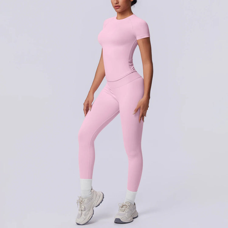 Rooftrellen New 2PCS/set Yoga Set Summer Quick Drying Fitness Sports Workout Top T-Shirt High Stretch Seamless Yoga Leggings Set Khamik Shop Online