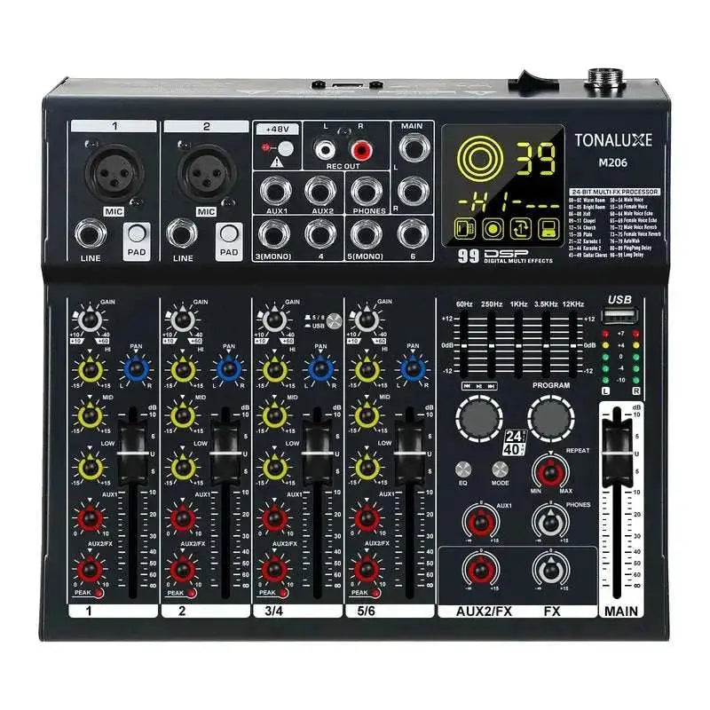 Fuluode M206/M208 Audio mixer 99 Preset DSP Effects 7-Band EQ Adjustment on Main Output Bluetooth USB MONO Input Connectivity Khamik Shop Online