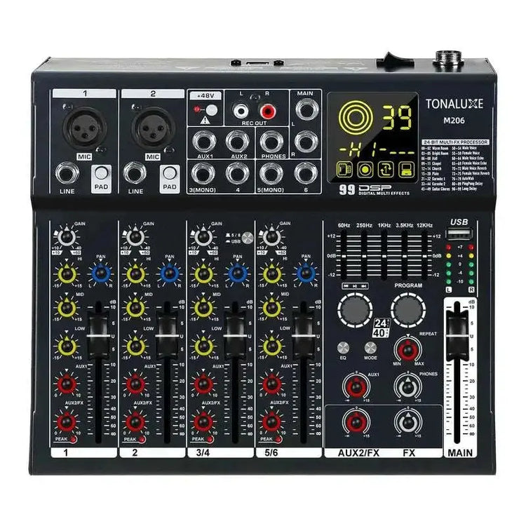Fuluode M206/M208 Audio mixer 99 Preset DSP Effects 7-Band EQ Adjustment on Main Output Bluetooth USB MONO Input Connectivity Khamik Shop Online
