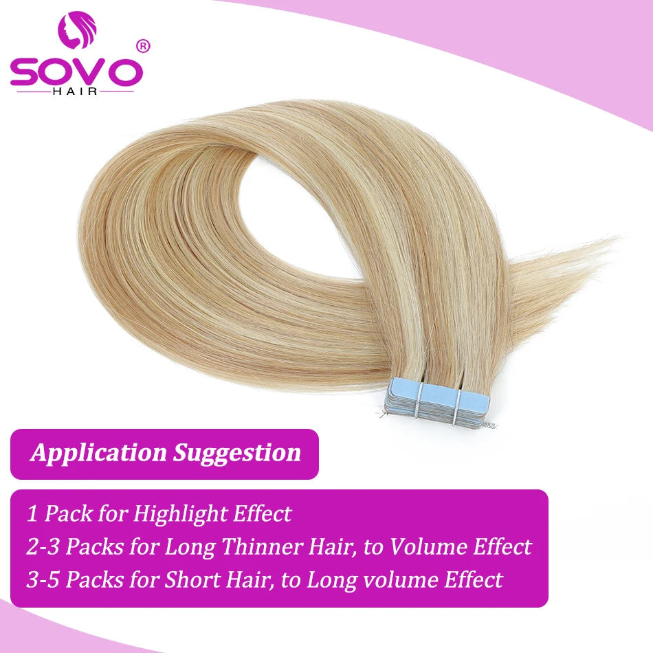 SOVO Tape in Hair Extensions 100% Remy Human Hair 20 Inch  20pcs  Balayage Skin Weft Tape in Extensions  12-26 inch Khamik Shop Online