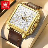 OLEVS brand mens watches waterproof Leather strap chronograph quartz watch for man date gold square dial genuine male wristwatch Khamik Shop Online
