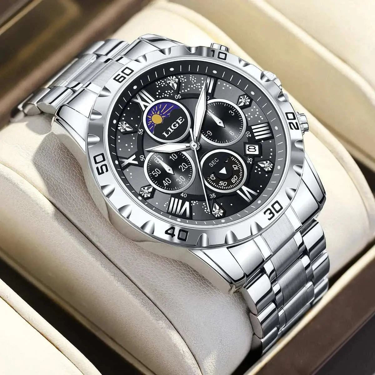 LIGE Top Brand Luxury Quartz Man Watch Casual Sport Stainless Luminous Waterproof Chronograph 24H Moon Phase Watches for Men+Box Khamik Shop Online