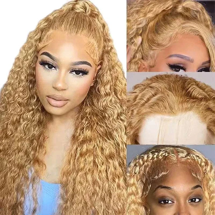 Perruque lace HD 13x6 ondulée blond miel en cheveux humains 36 pouces dense 220% naturelle et élégante.